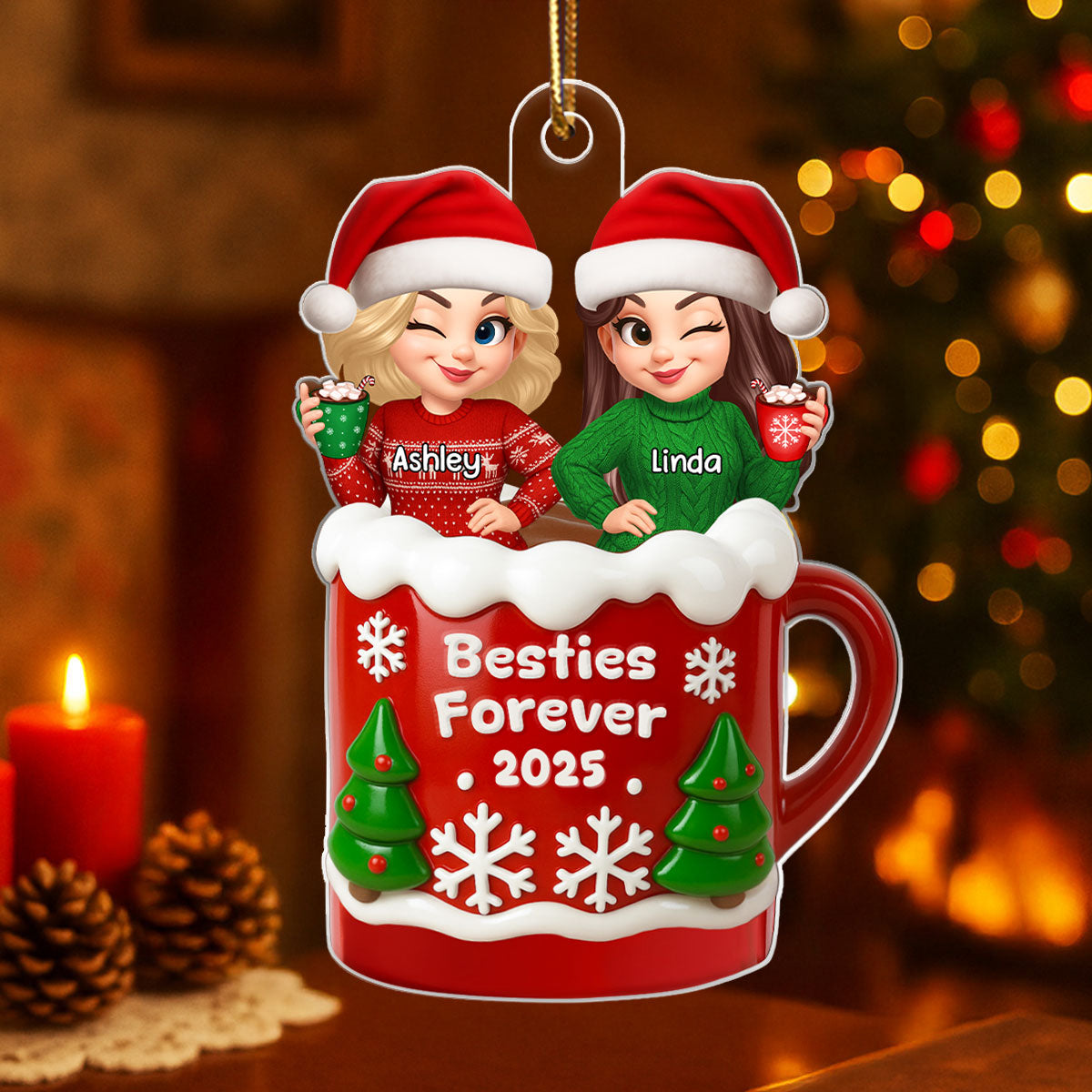Christmas Besties Sisters In Hot Cocoa 3D Effect Personalized Acrylic Ornament