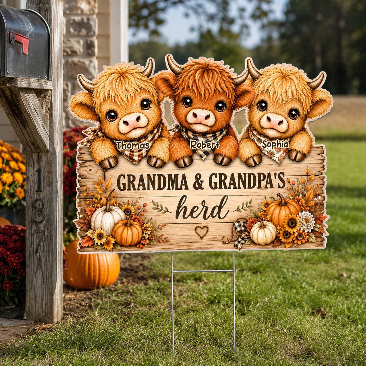 Cozy Warm Fall Season Grandpa Grandma's Herd Highland Cows - Personalized Yard Sign - Fall Decor For Grandparents