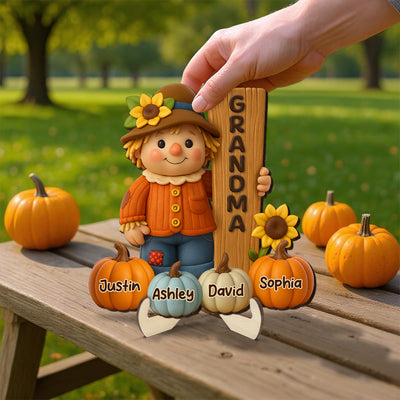Grandma Scarecrow Standing Grandkids Pumpkins 3D Effect Personalized 2-Layer Wooden Plaque