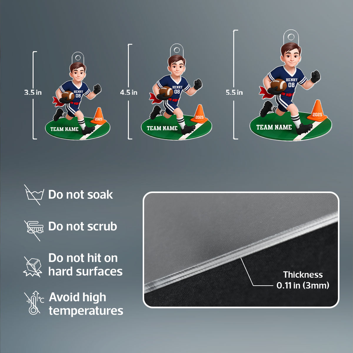 3D Effect Boy Girl Flag Football - Personalized Acrylic Ornament - Christmas Gift for Daughter Son