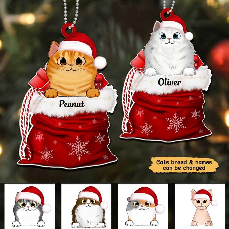 Peeking Cats In Christmas Gift Basket Personalized Wooden Ornament