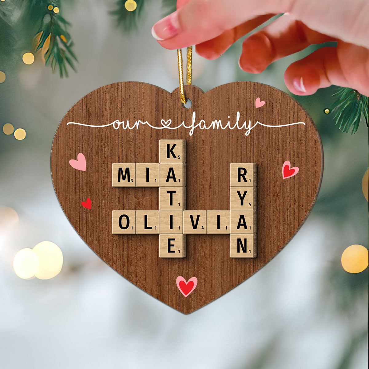 Family Crossword Puzzle Art Personalized Heart Shaped 2-Layer Wooden Ornament