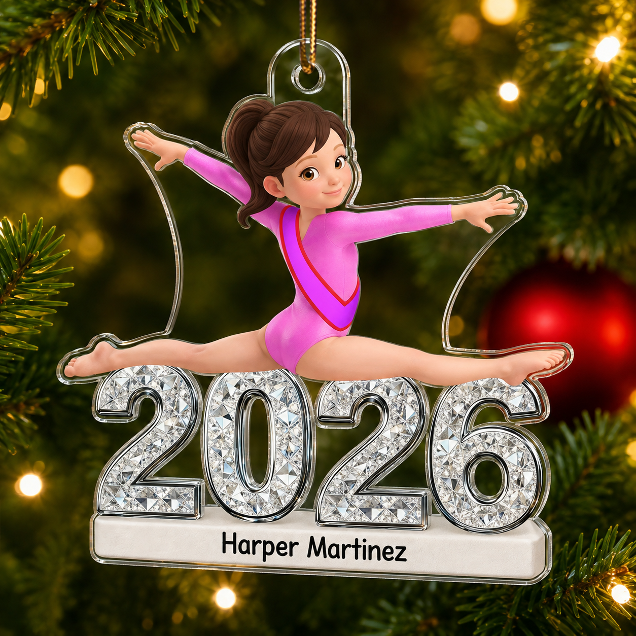 Gymnastic Girl Front Split Pose With Year 2D Flat Printed - Personalized Acrylic Ornament - Gymnast Gift For Daughter, Granddaughter
