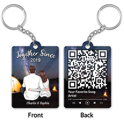 Couple Back View Sitting Tent Bonfire Favorite Song QR Code Personalized Acrylic Keychain