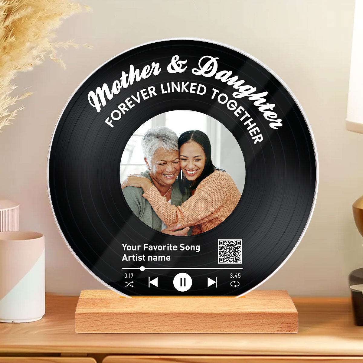 Mother Daughter Forever Linked Together Personalized Vinyl Record with Photo, Acrylic Song Plaque, Gift for Mom