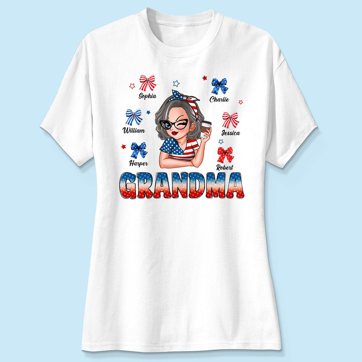 4th Of July Bows Coquette Grandma With Grandkids Names Personalized Shirt