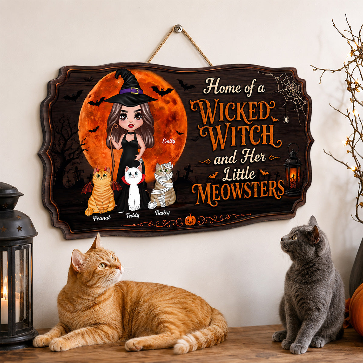 Home Of A Wicked Witch And Little Meownsters - Personalized Door Hanger Sign - Halloween Wigan Pagan Decor For Cat Mom