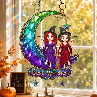 Beautiful Witches Sitting On Moon - Personalized Acrylic Window Hanging - Halloween Decoration For Besties, Girls