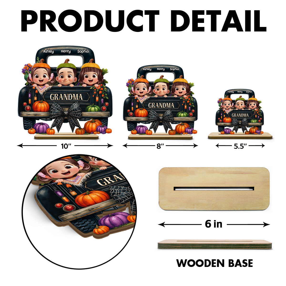 Grandkids Peeking on Halloween Truck Personalized Standing Wooden Plaque, Fall Halloween Decor for Grandma