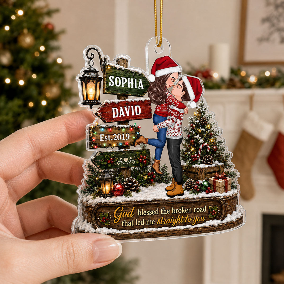 God Blessed the Broken Road That Led Me Straight to You - Personalized Acrylic Ornament - Couple Christmas Gift for Her, for Him
