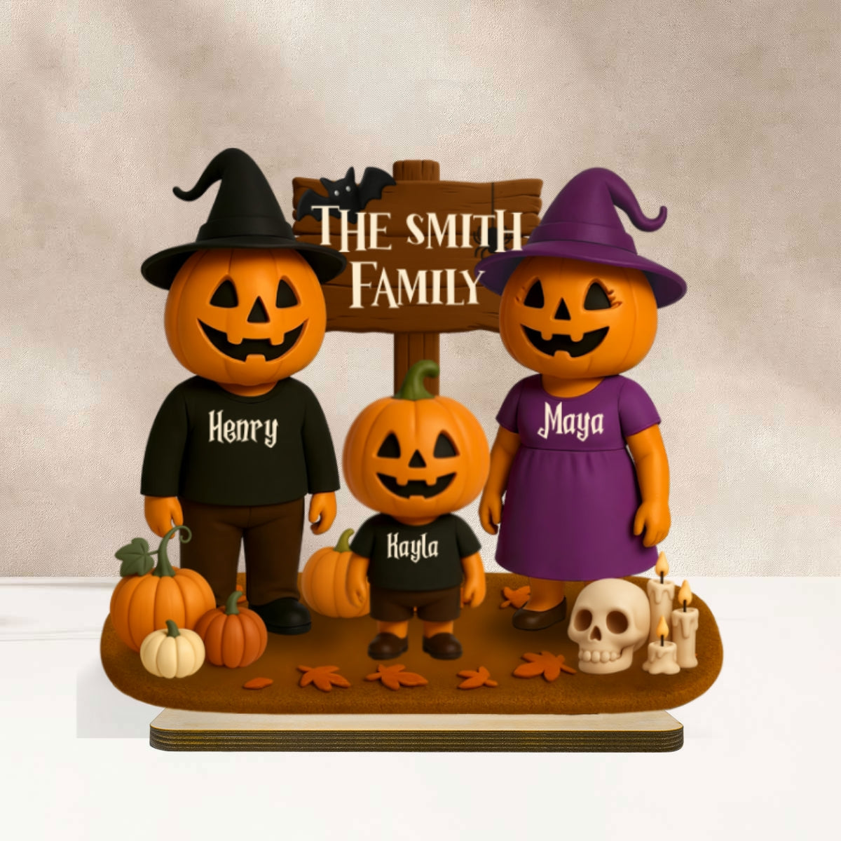 Jack O' Lantern Grandparents, Grandkids 3D Effect Personalized 2-Layered Standing Wooden Plaque, Halloween Decor