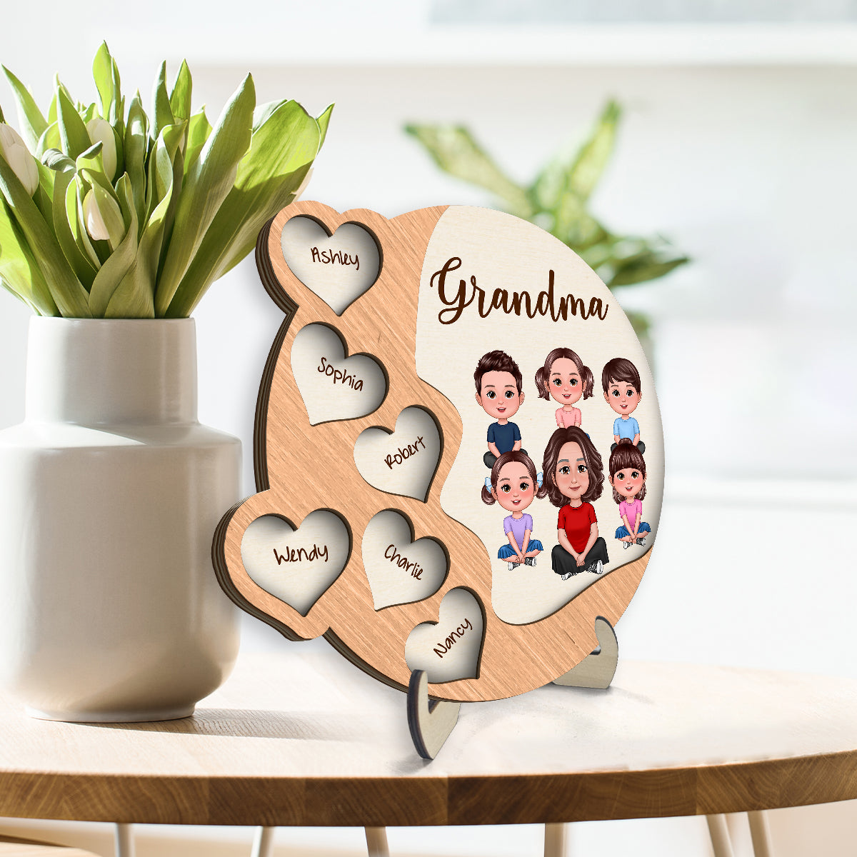 Grandma Mom Crossed Legs Hearts Woman Face Personalized 2-layer Wooden Plaque