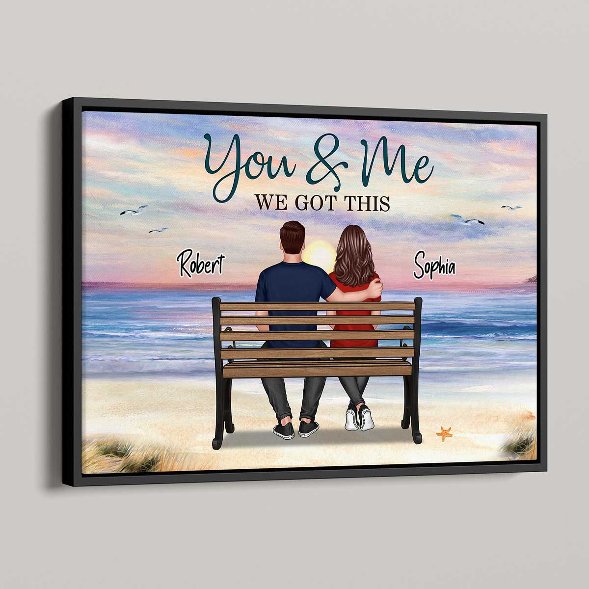Beach Landscape Couple Sitting On Bench Personalized Horizontal Poster