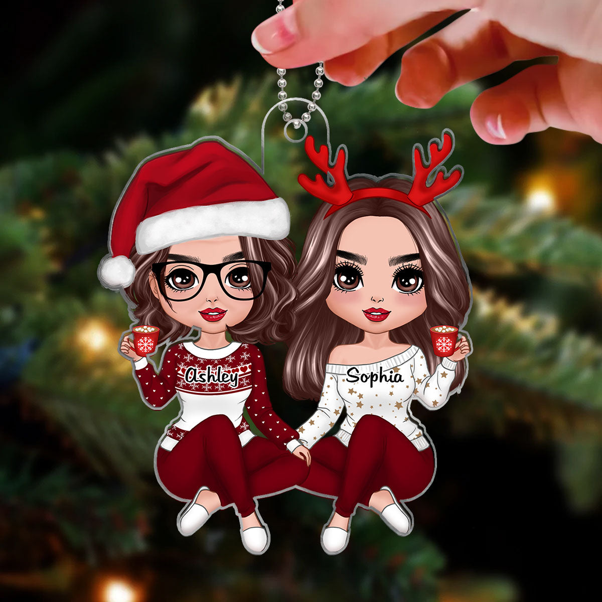 Red Clothes Doll Mom Daughter Sitting Christmas Gift Personalized Acrylic Ornament