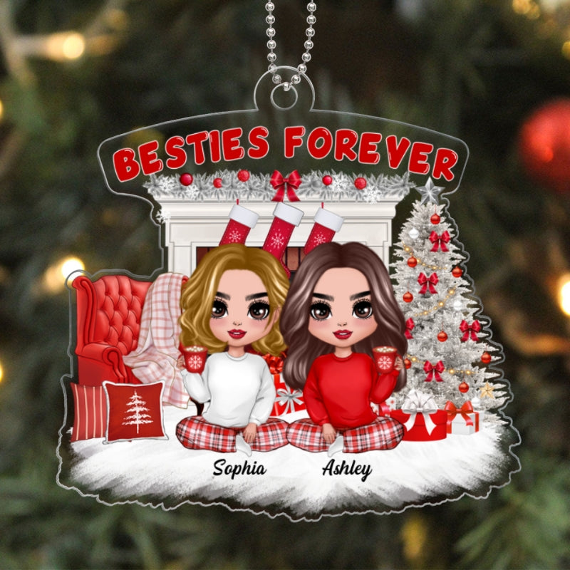 White Christmas Pajamas Doll Besties Sisters Sitting Personalized Acrylic Ornament