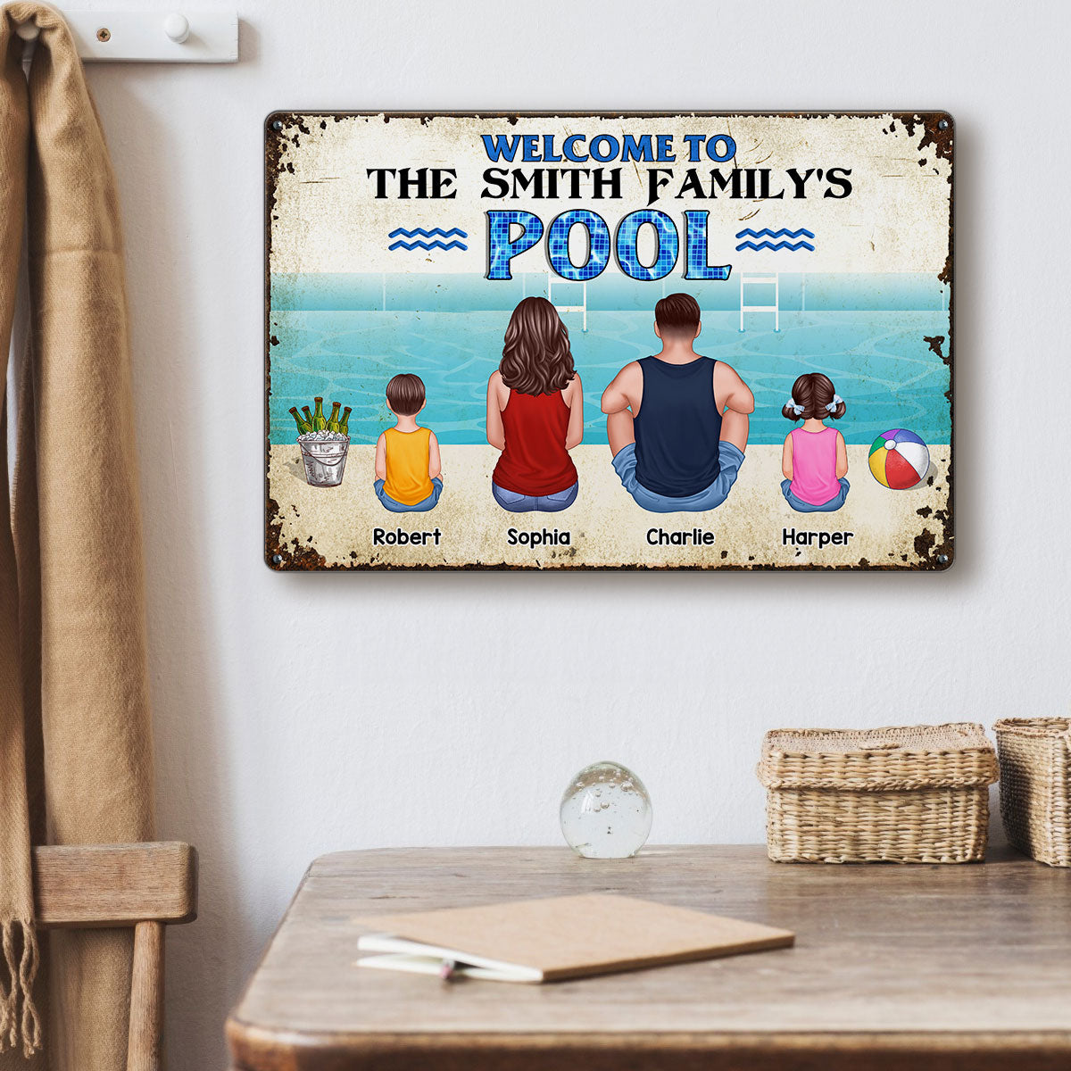 Welcome To Family Poolside Back View Personalized Metal Sign