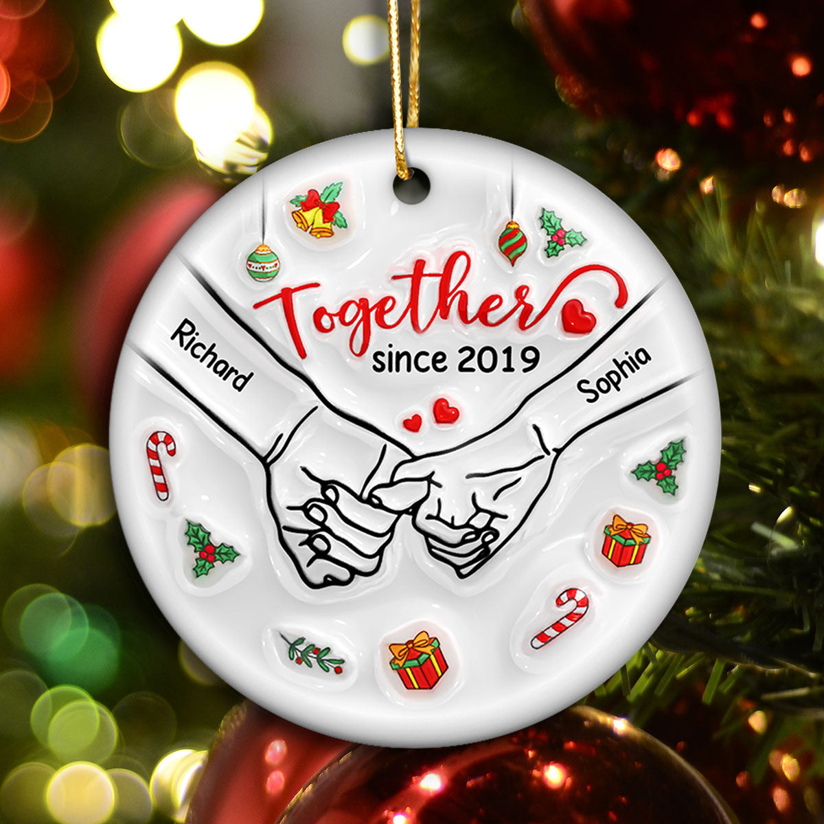 3D Inflated Couple Holding Hands Personalized Ceramic Ornament, Christmas Gift For Him, For Her