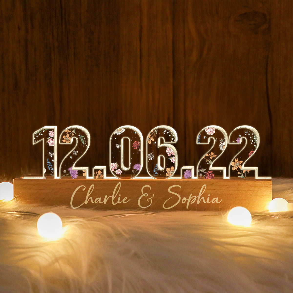 Custom Flower Printed LED Night Light, Couple Engagement Anniversary Date, Gift for her, Gift for him