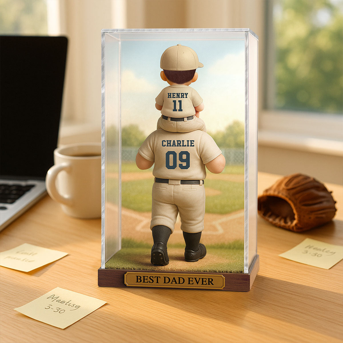 Baseball Dad & Kid In Display 3D Effect Personalized Acrylic Flat Block Plaque