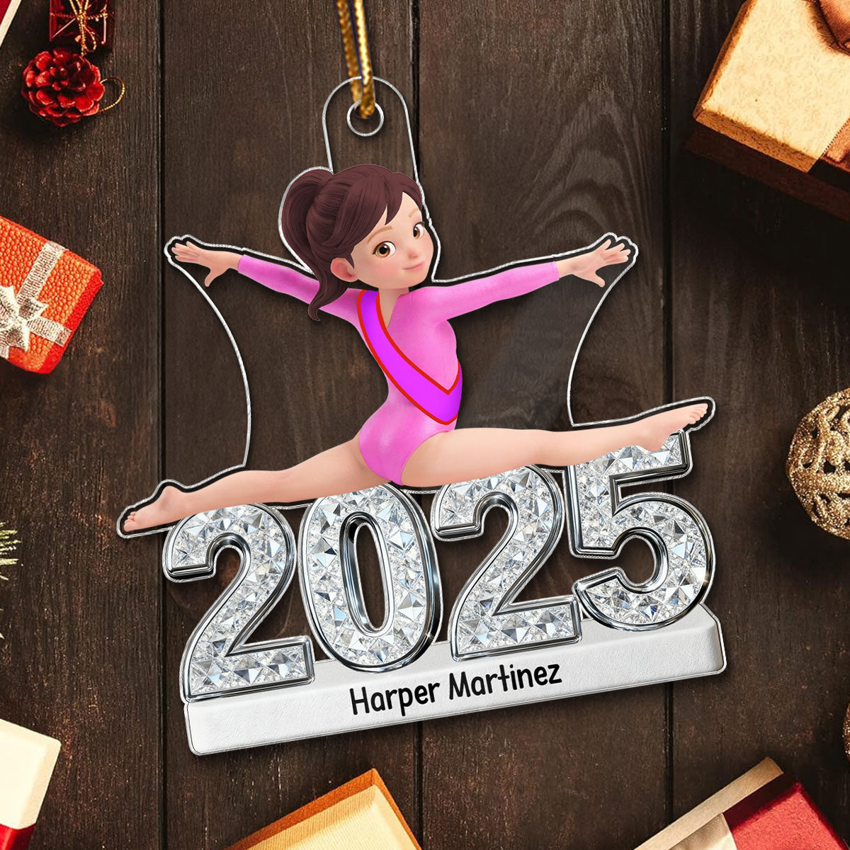 3D Effect Gymnastic Girl Front Split Pose With Year - Personalized Acrylic Ornament - Gymnast Gift For Daughter, Granddaughter
