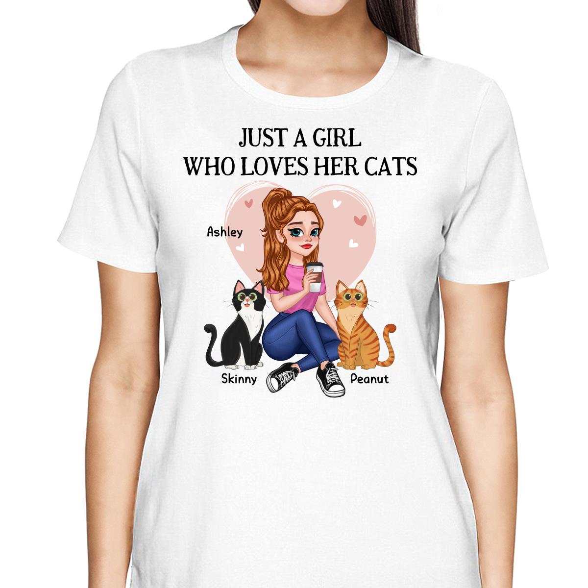 Just A Girl Who Loves Cats Pretty Cartoon Girl Sitting With Cats Personalized Shirt