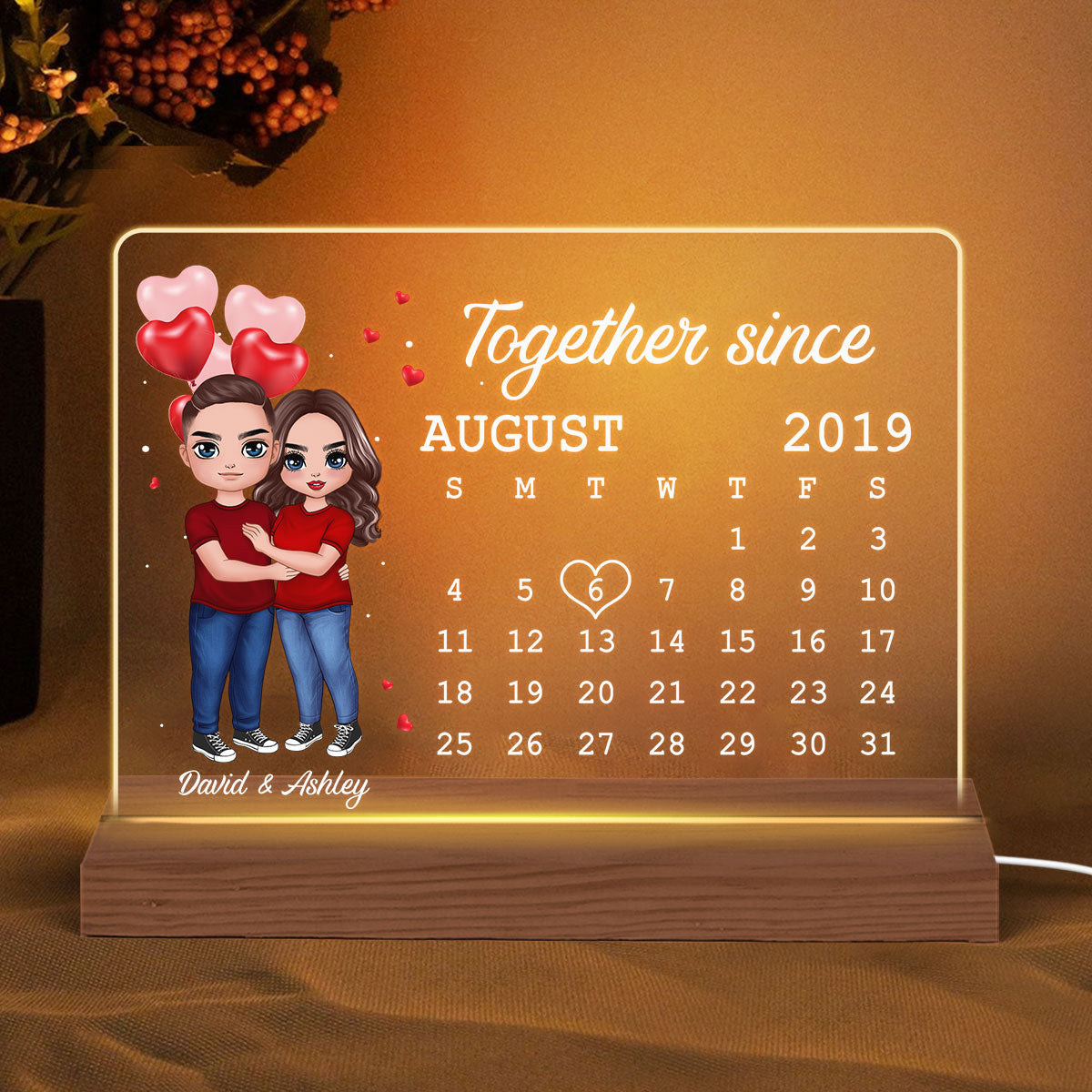 Doll Couple Hugging Anniversary Date Calendar Rectangle Personalized Custom Shape Acrylic Plaque With LED Night Light - Anniversary Gift For Couple - Gift For Him - Gift For Her
