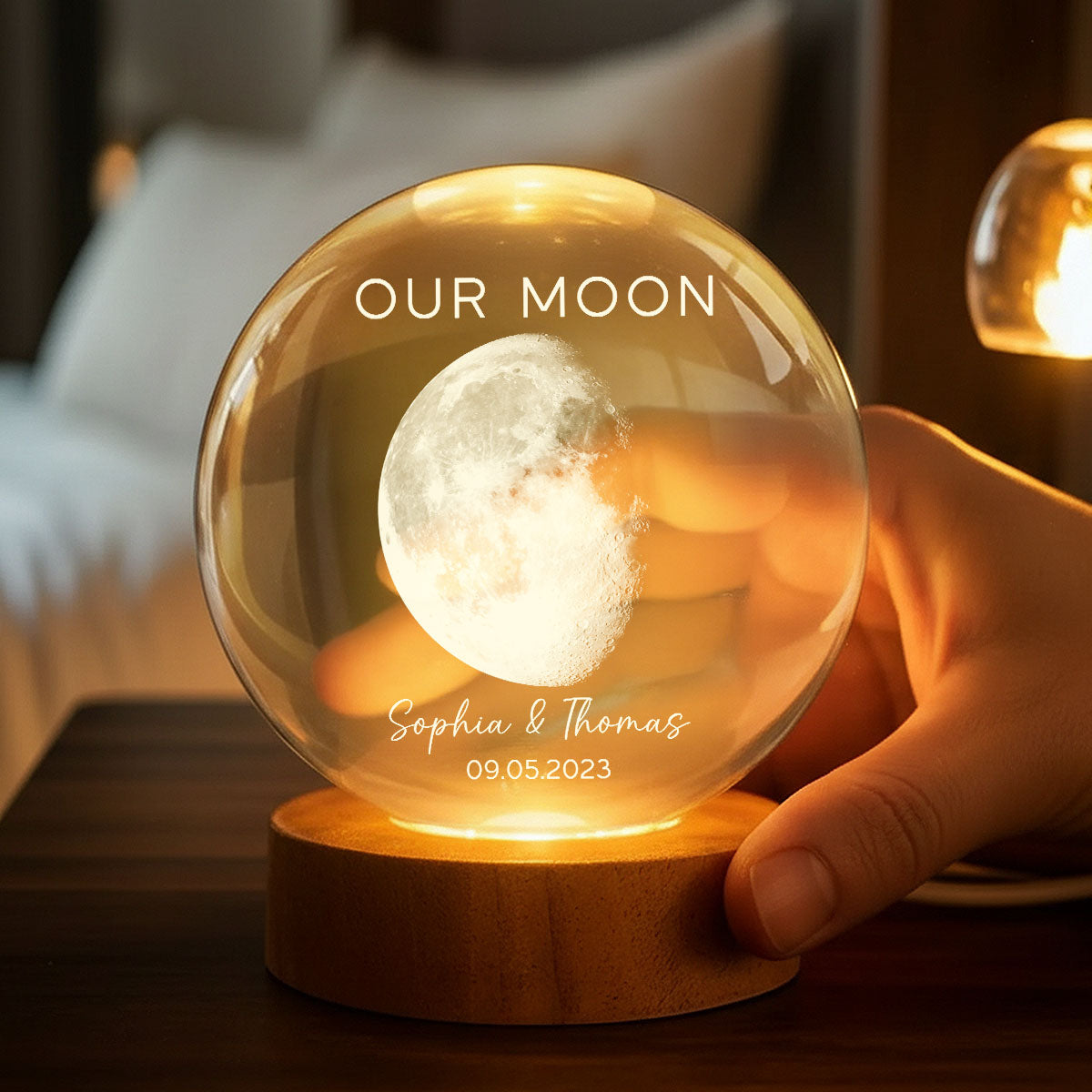 Our Moon Special Day Custom Moon Phase - Personalized Crystal Ball LED Night Light - Valentine's Day Gift For Couple