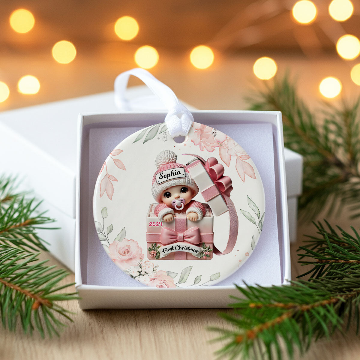 Floral Wreath Baby Inside Gift Box Personalized Ceramic Ornament, Baby First Christmas Keepsake