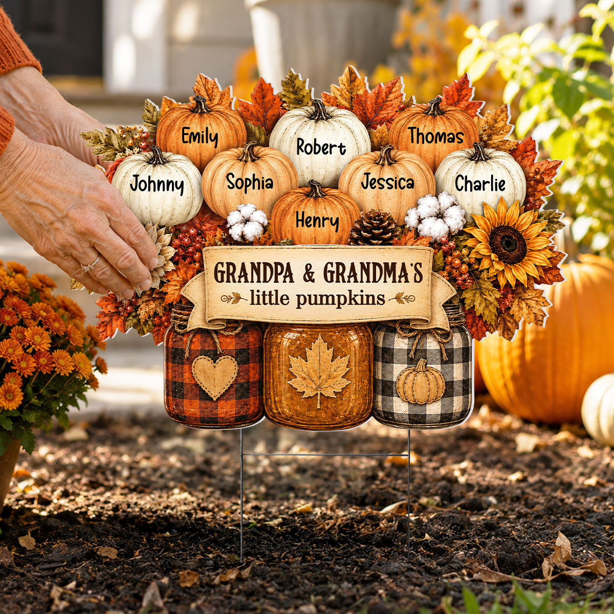 Cozy Warm Fall Season Mason Jars Pumpkins - Personalized Yard Sign - Fall Decor For Grandparents