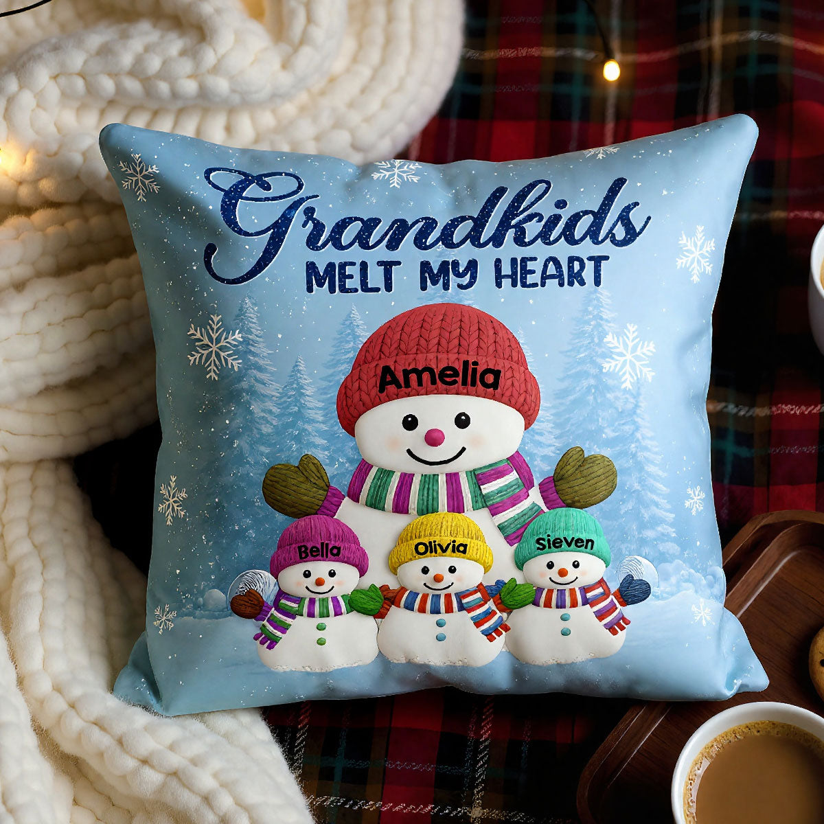 Christmas Snowman My Grandkids Melt My Heart - Personalized Pillow - Gift For Grandmas