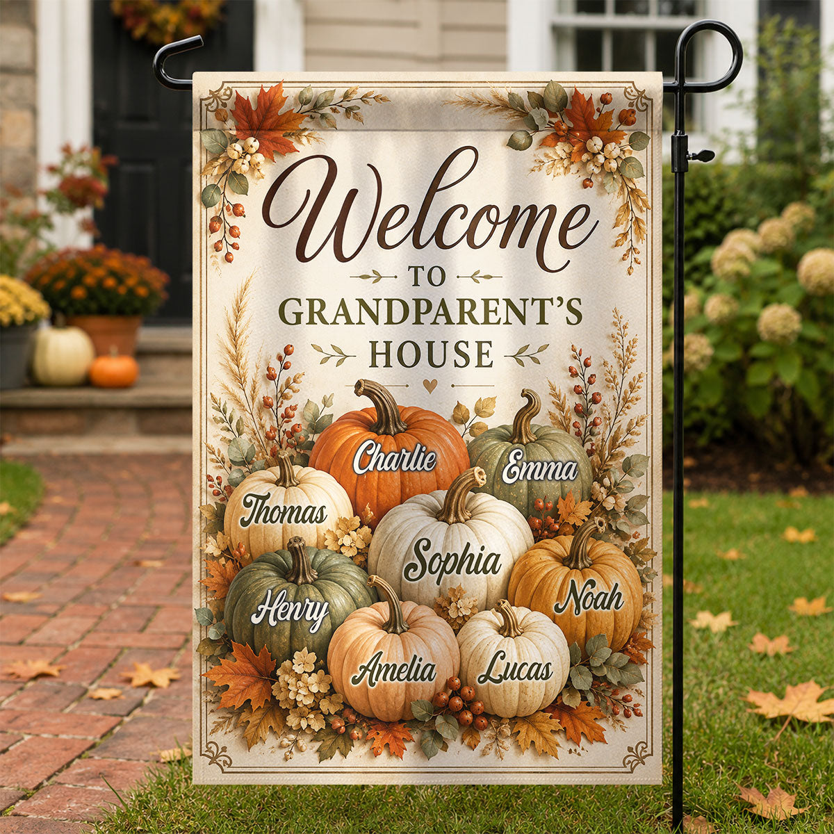 Welcome To Grandparent's House Fall Pumpkin - Personalized Garden Flag - Fall Season Decor Gift, Gift For Grandma, Grandpa
