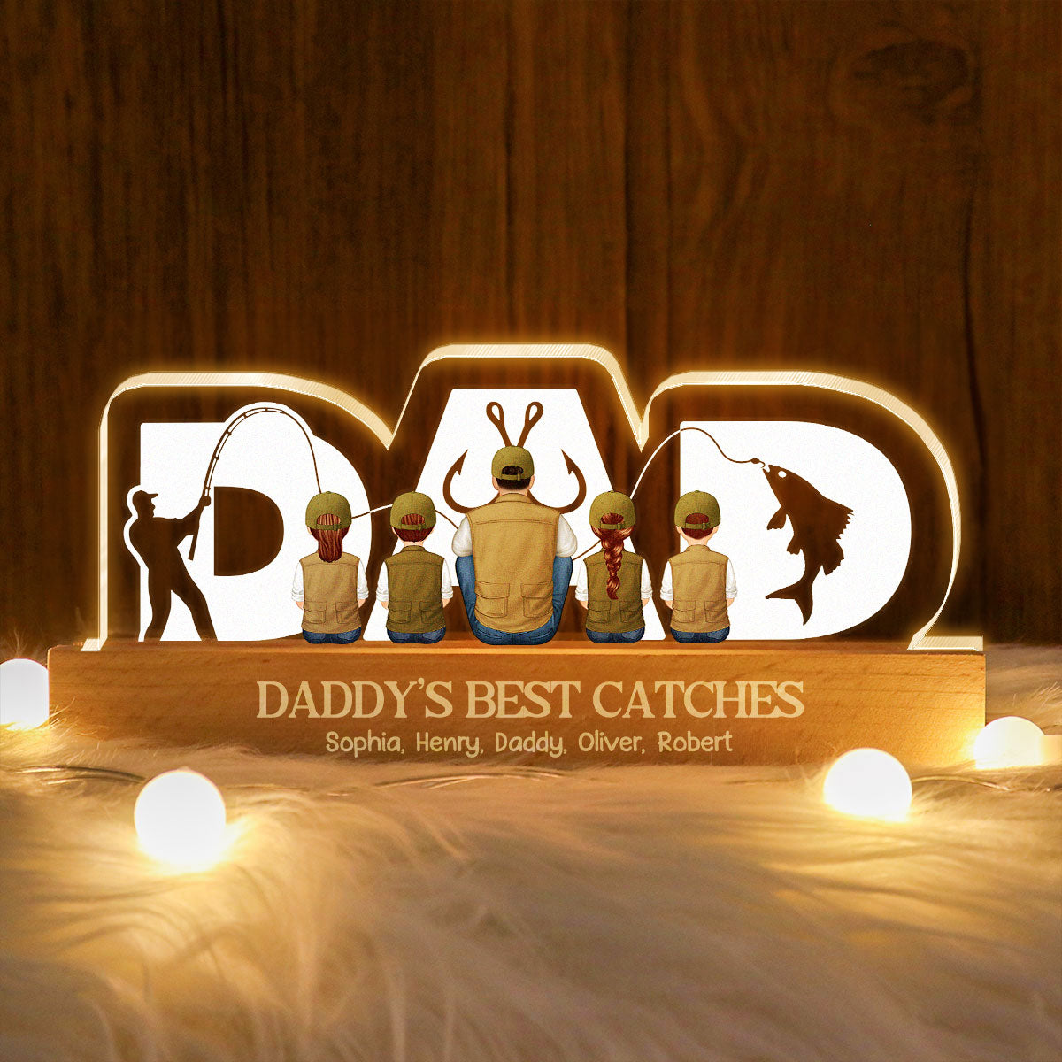 Fishing Dad Grandpa And Kids Back View Personalized Acrylic LED Night Light, Father's Day Gift for Dad, Gift for Husband