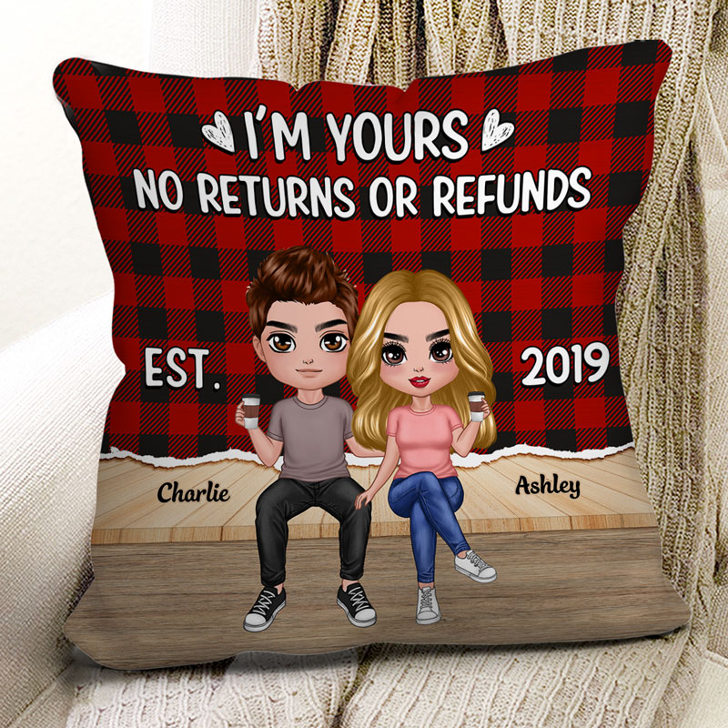 Doll Couple Sitting Checkered Pattern Personalized Pillow