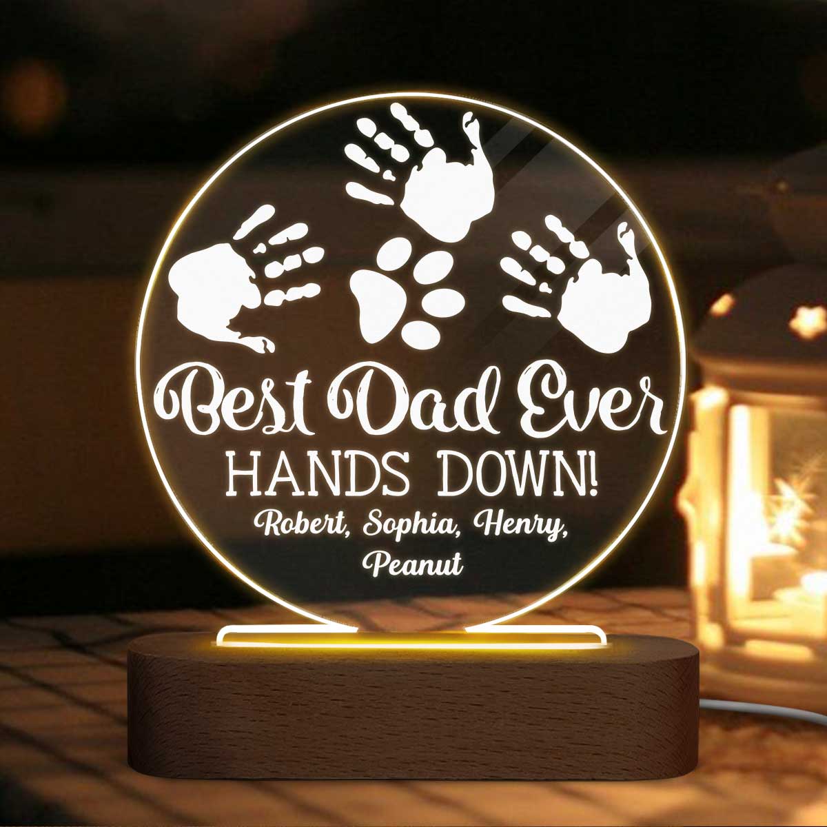 Best Dad Ever Hands Down Kids Dogs Cats Fingerprints Personalized Circle LED Night Light