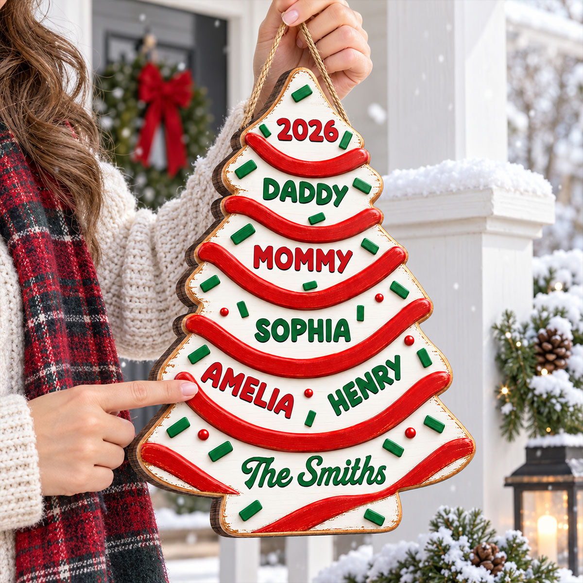 Custom Family Name Christmas Tree Cake - Personalized Wooden Door Sign - Christmas Decor