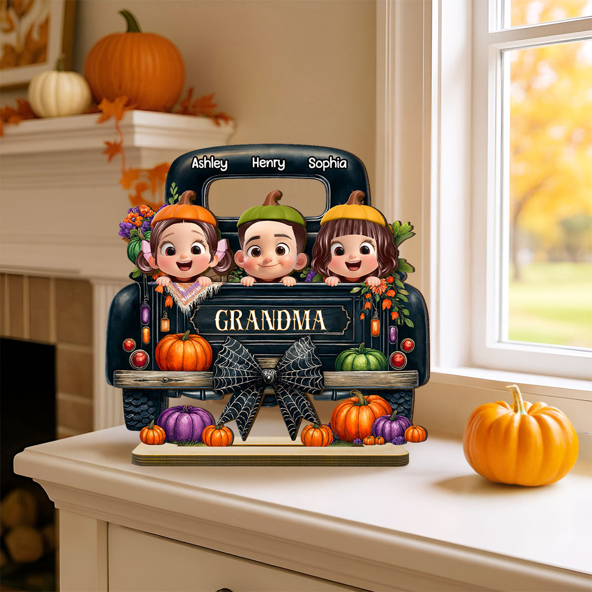 Grandkids Peeking on Halloween Truck Personalized Standing Wooden Plaque, Fall Halloween Decor for Grandma