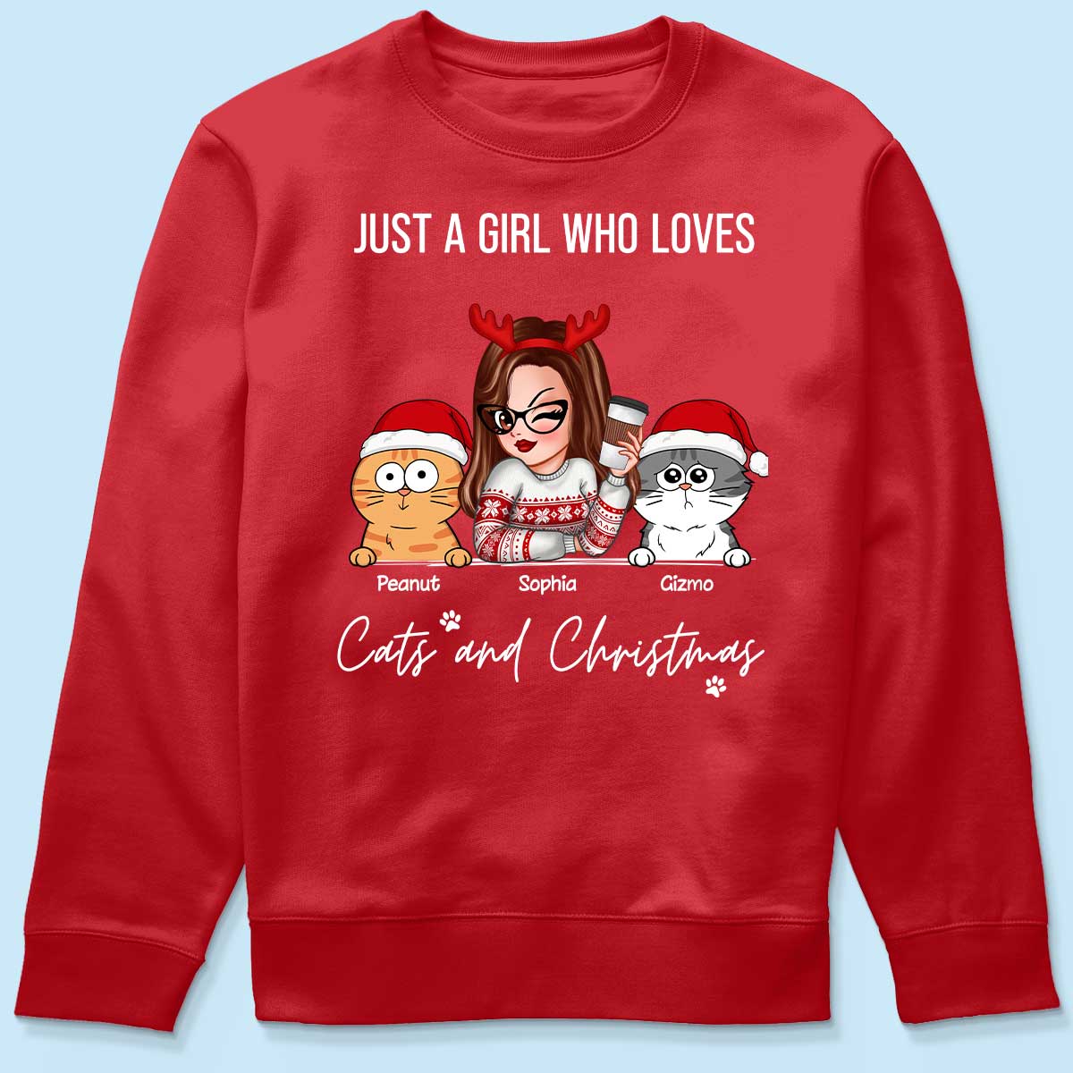 Just A Girl Who Loves Christmas And Her Cats Personalized Shirt, Christmas Sweater for Cat Lovers, Cat Mom