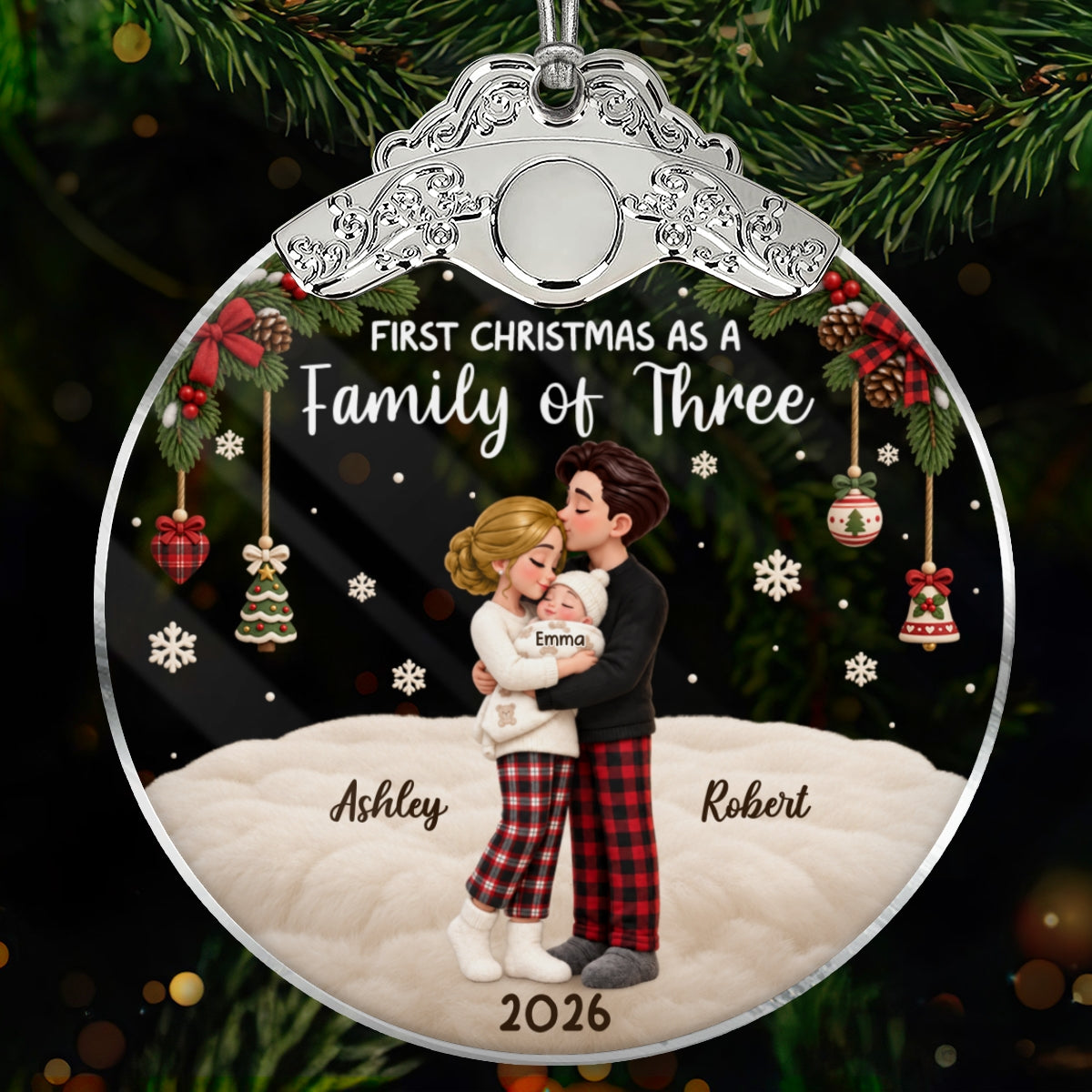 Our First Christmas As Family Of Three - Personalized Glass Ornament With Silver Cap - Christmas Tree Keepsake For New Parents