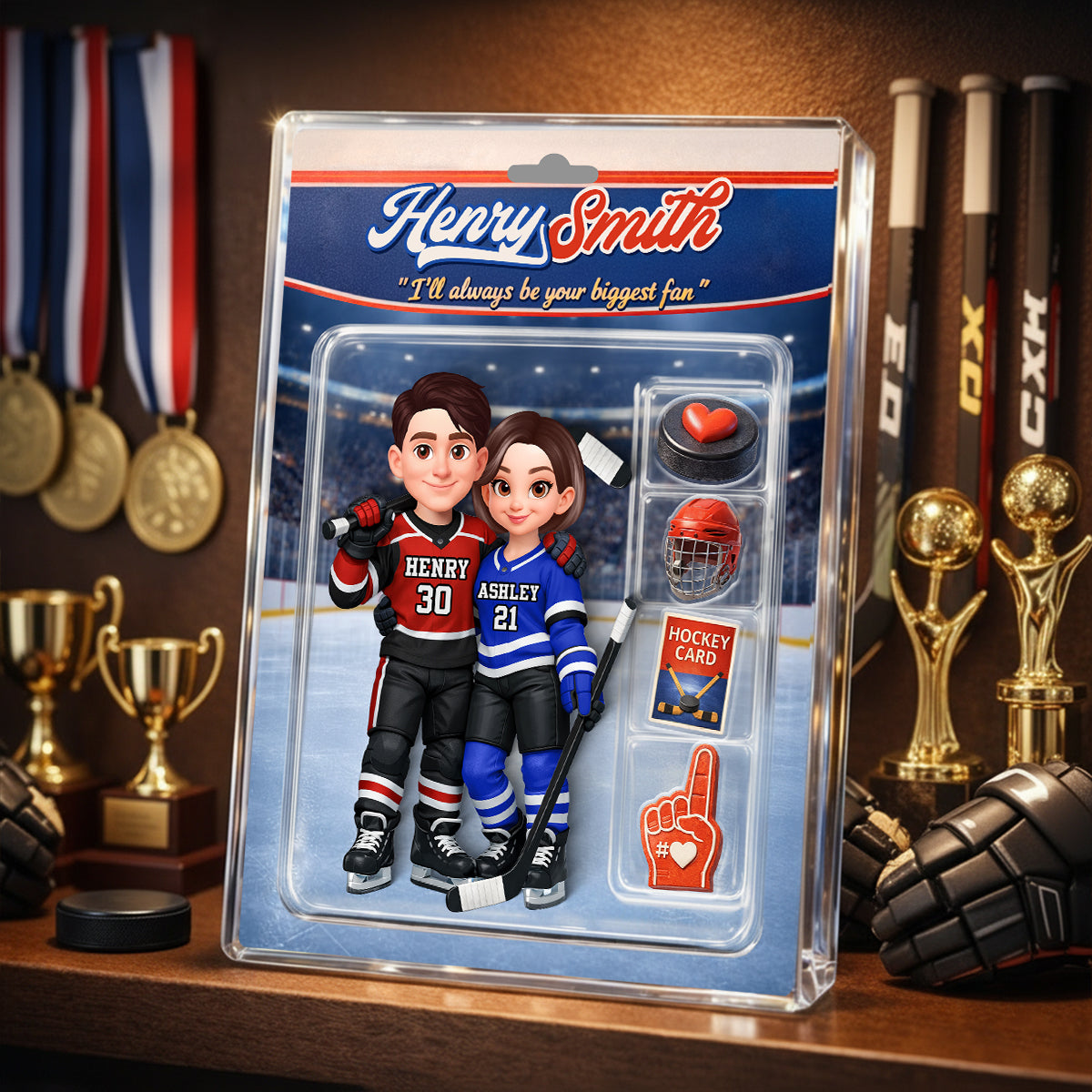 Hockey Couple I'll Always Be Your Biggest Fan Custom Action Figure - Personalized Acrylic Block Plaque - Sentimental Gift for Him