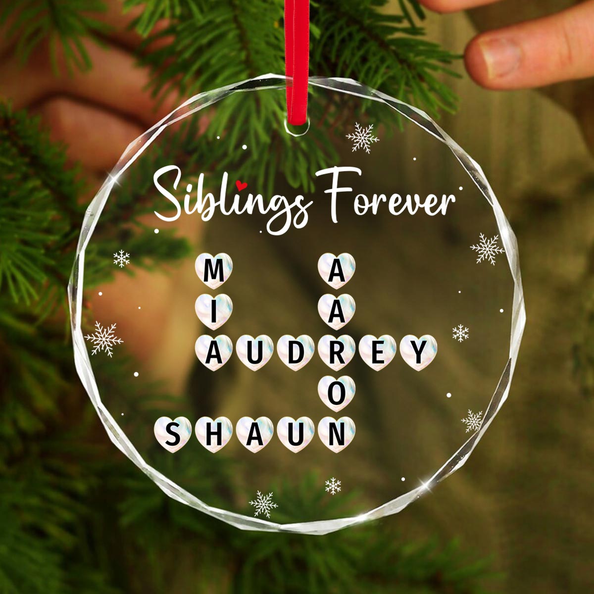 Siblings Forever Unique Gift For Brothers Sister Heart Crossword Puzzle Art Personalized Glass Ornament, Christmas Keepsake