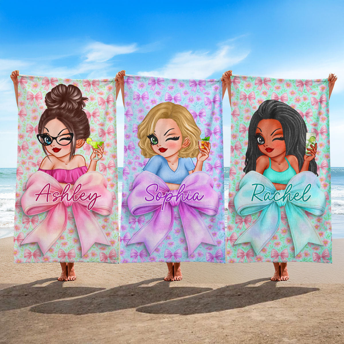 Girls Personalized Bow Floral Beach Towel, Preppy Girls Pool Towel with Name, Bachelorette Party Beach Trip