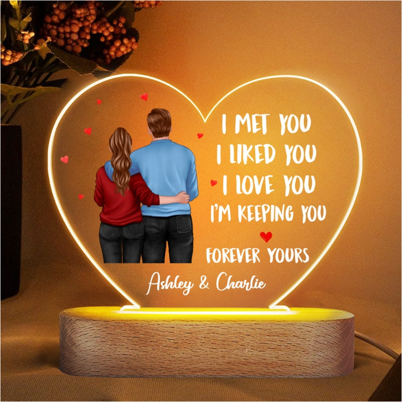 Back View Couple Standing I Met You Like You Love You Gift For Him For Her Personalized Acrylic Heart Plaque LED Lamp Night Light