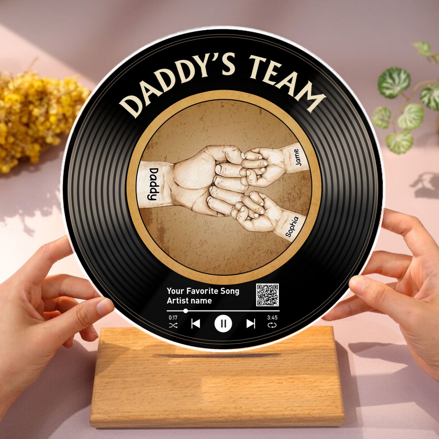 Daddy's Team Fist Bump Custom Vinyl Record Acrylic Song Plaque, Scannable QR Code, Personalized Birthday, Father's Day Gift for Dad