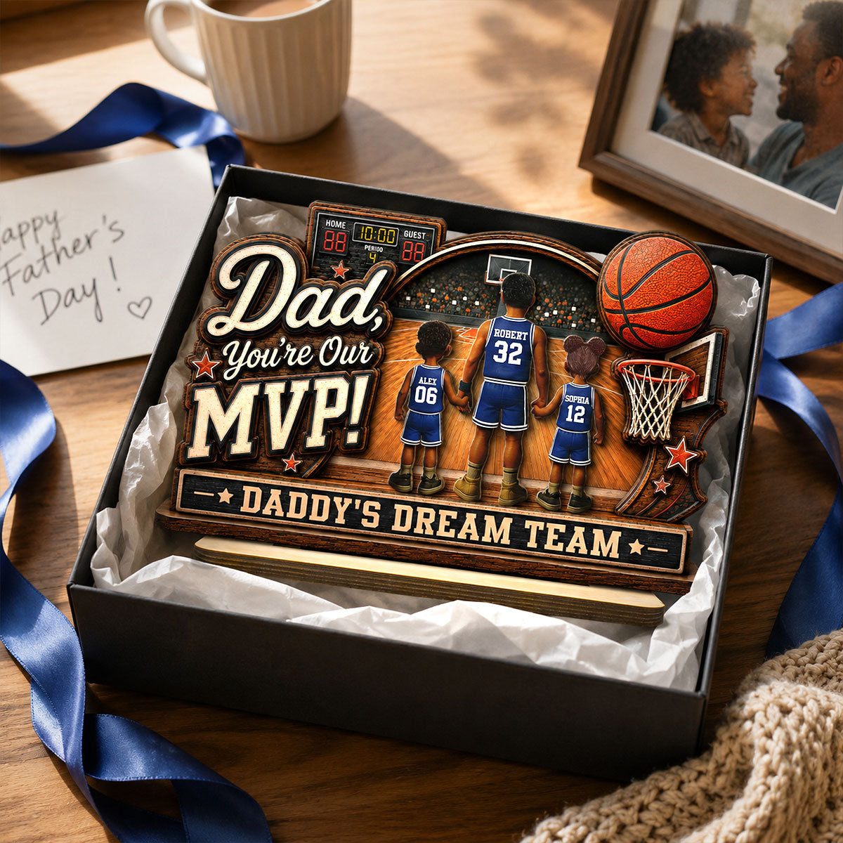 Dad You Are Our MVP Standing Basketball Man & Kids 2D Flat - Personalized 2-Layered Wooden Plaque - Father's Day Gift For Basketball Dad