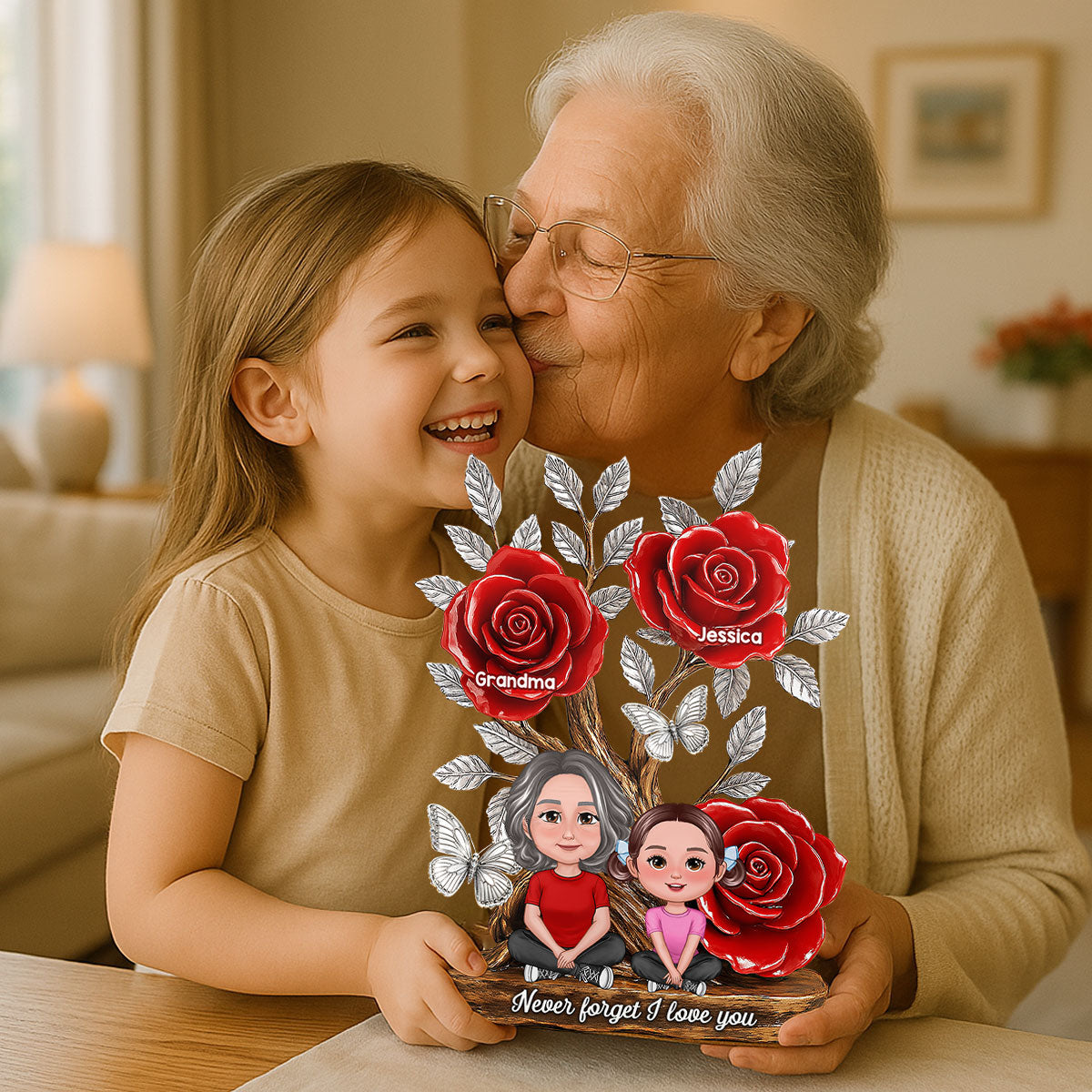 Mom Grandma & Kids Sitting Under Tree With Roses Personalized Acrylic Block Plaque