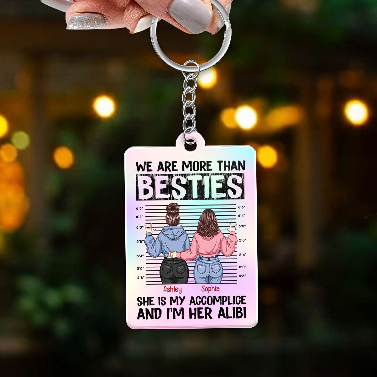 Back View Besties Accomplice Alibi Personalized Acrylic Keychain