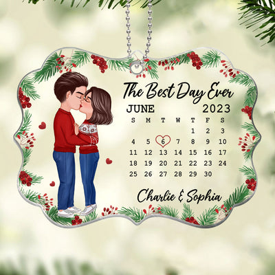 Doll Couple Kissing Anniversary Date Calendar Holly Branch Personalized Acrylic Ornament