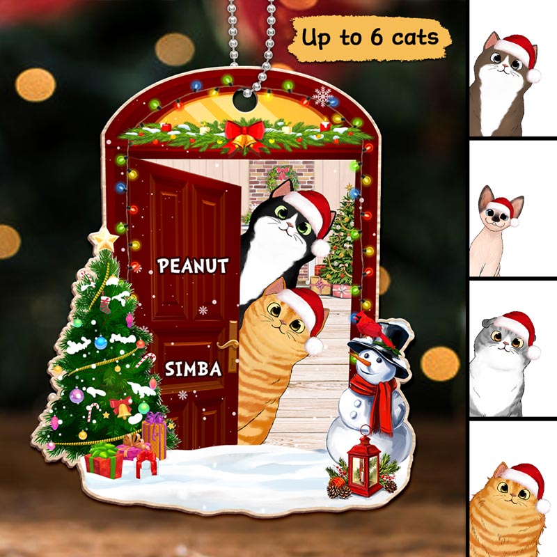 Christmas Opened Door Peeking Cats Personalized Wooden Ornament