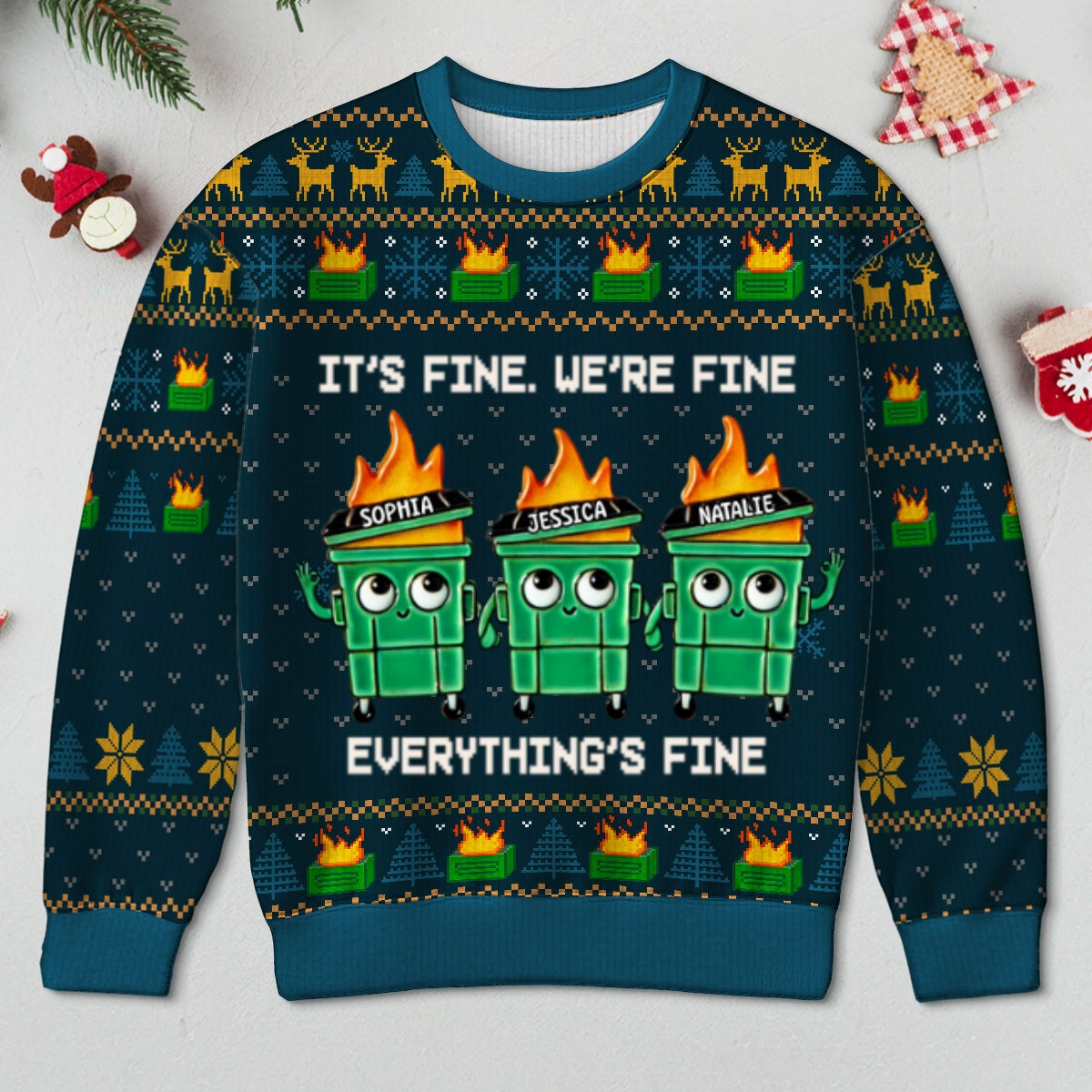 I'm Fine Everything Is Fine Dumpster Fire Funny Office Staff - Personalized Faux Knitting Ugly Sweater - Christmas Costume