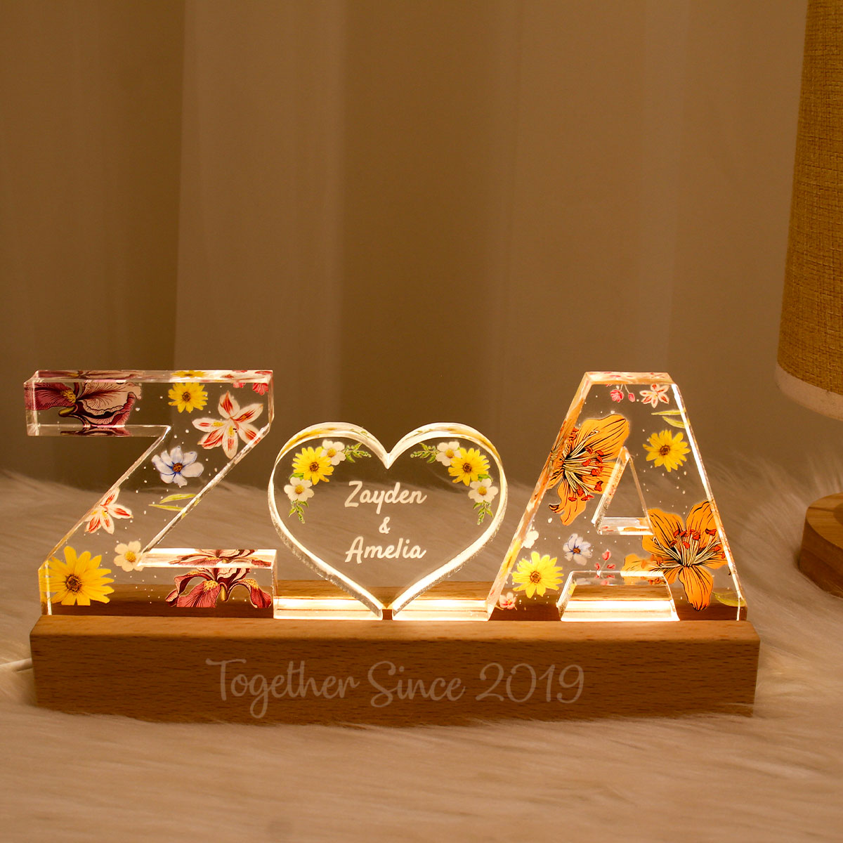 Couple Initial Letter, Flower Birth Month, Personalized LED Night Light, Romantic  Gift for her, Gift for him